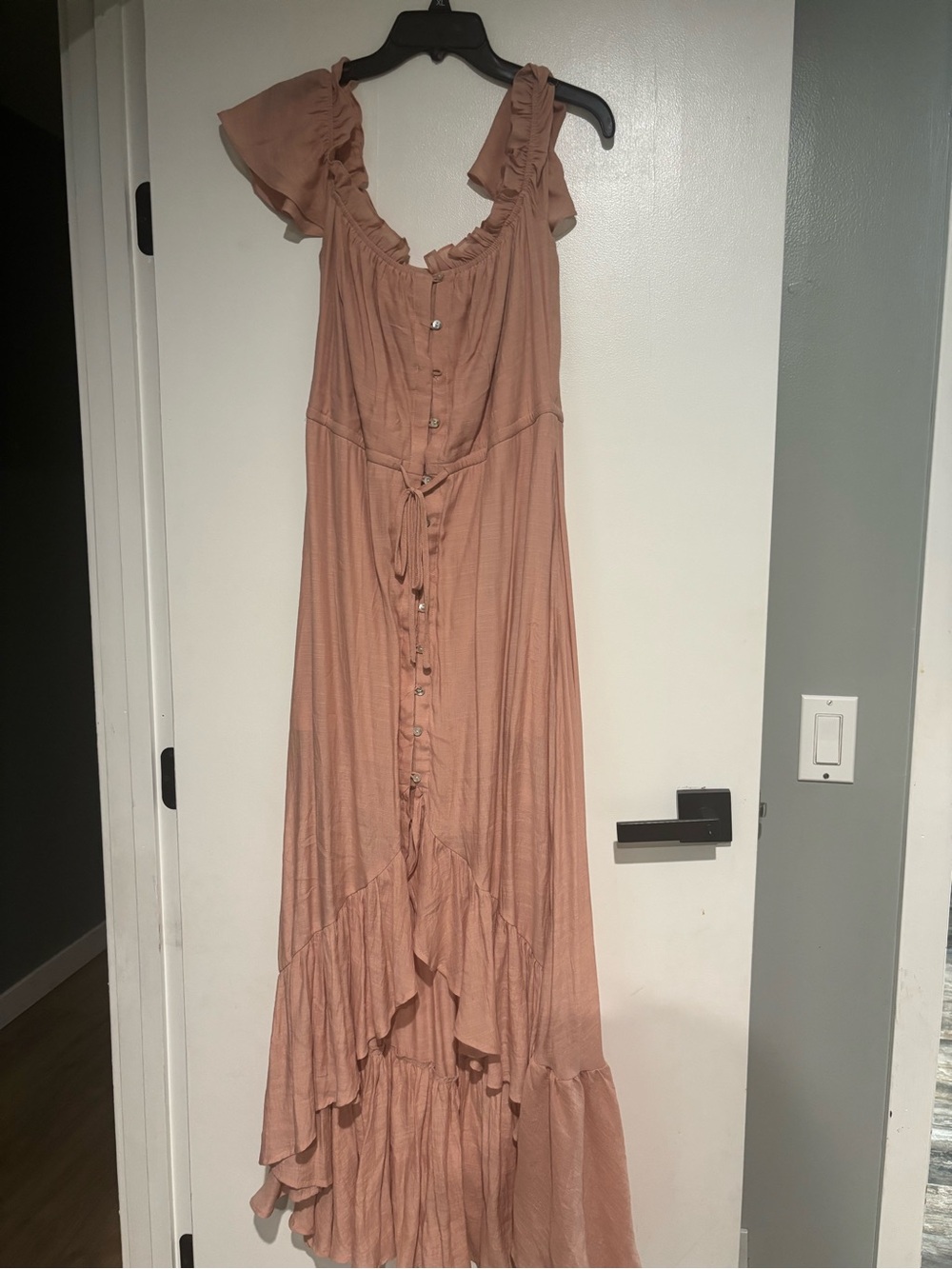 Women's Dusty Rose Ruffle Maxi Dress with Button Front